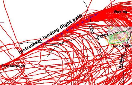 Flight paths for aircraft over Hook Heath 2009