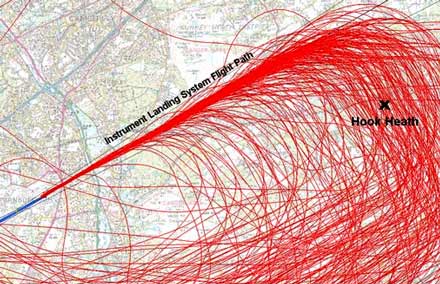 Flight paths for aircraft over Hook Heath 2014